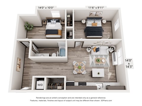 Floor plan for 2 beds, 1 bath, 736 sqft